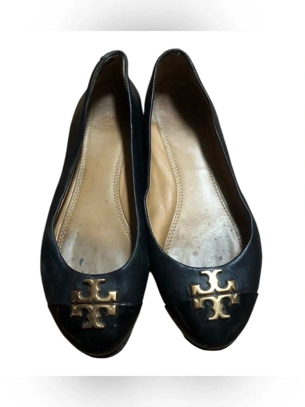 Tory Burch Black Leather Flats with Gold Logo Emblem